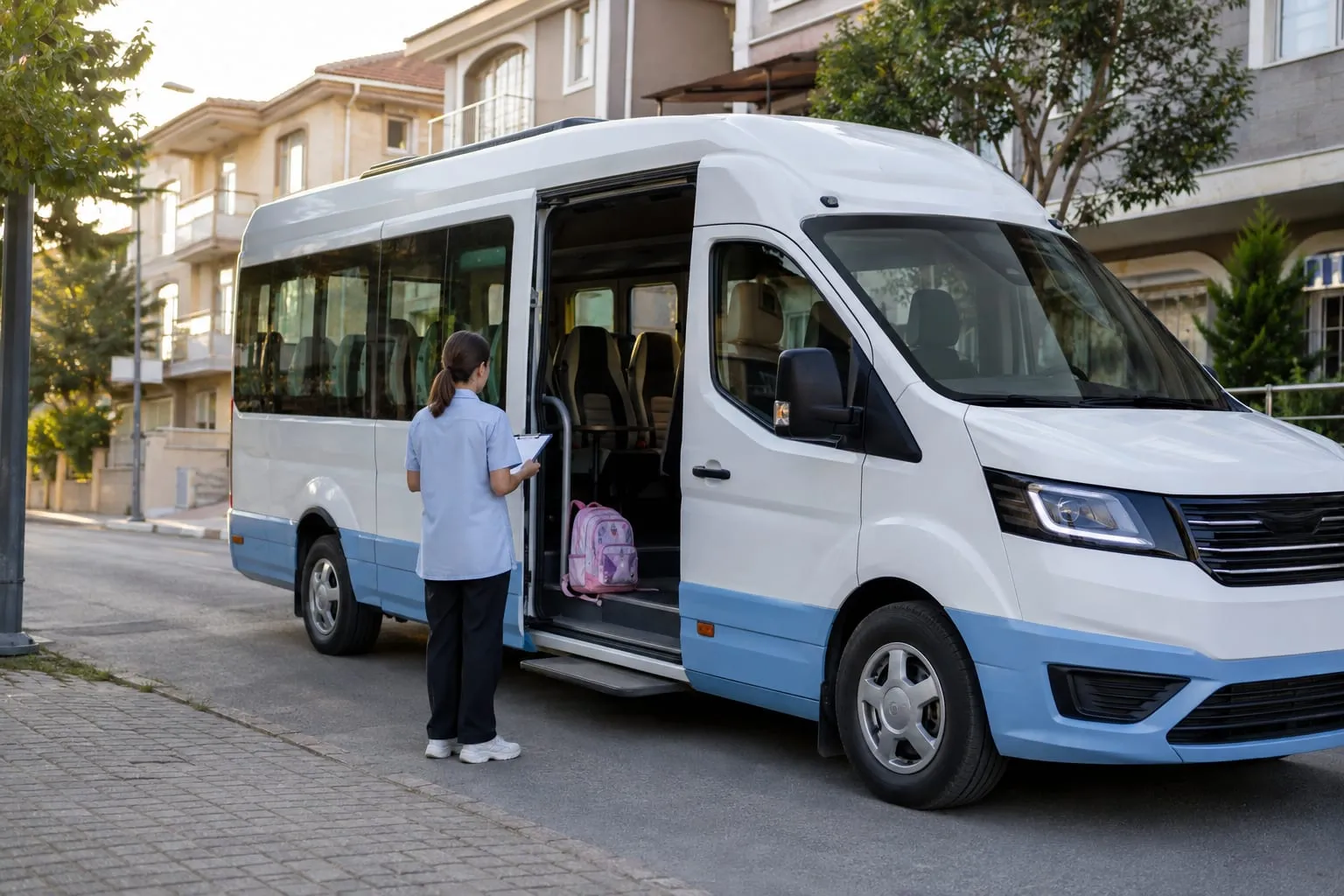 Kurum servis aracının önünde bekleyen refakatçi öğretmen